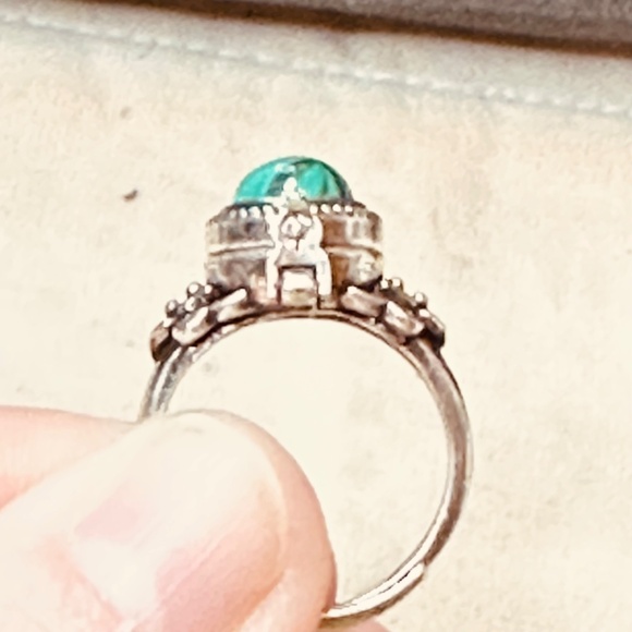 Silver Tone Malachite Poison Ring Oval Stone Vintage - Picture 3 of 14